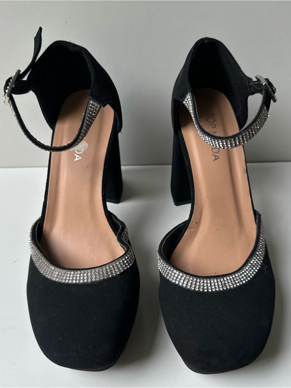 Top Moda Black Rhinestone Ankle Strap Block Heel Platform Pumps Women's Size 7